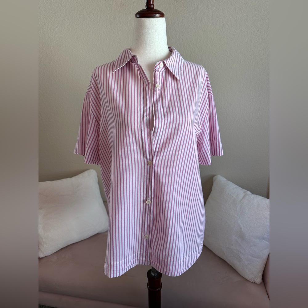 Eberjey Organic Cotton Pajama Top Button Up Women’s S Sand Washed Pink Stripe